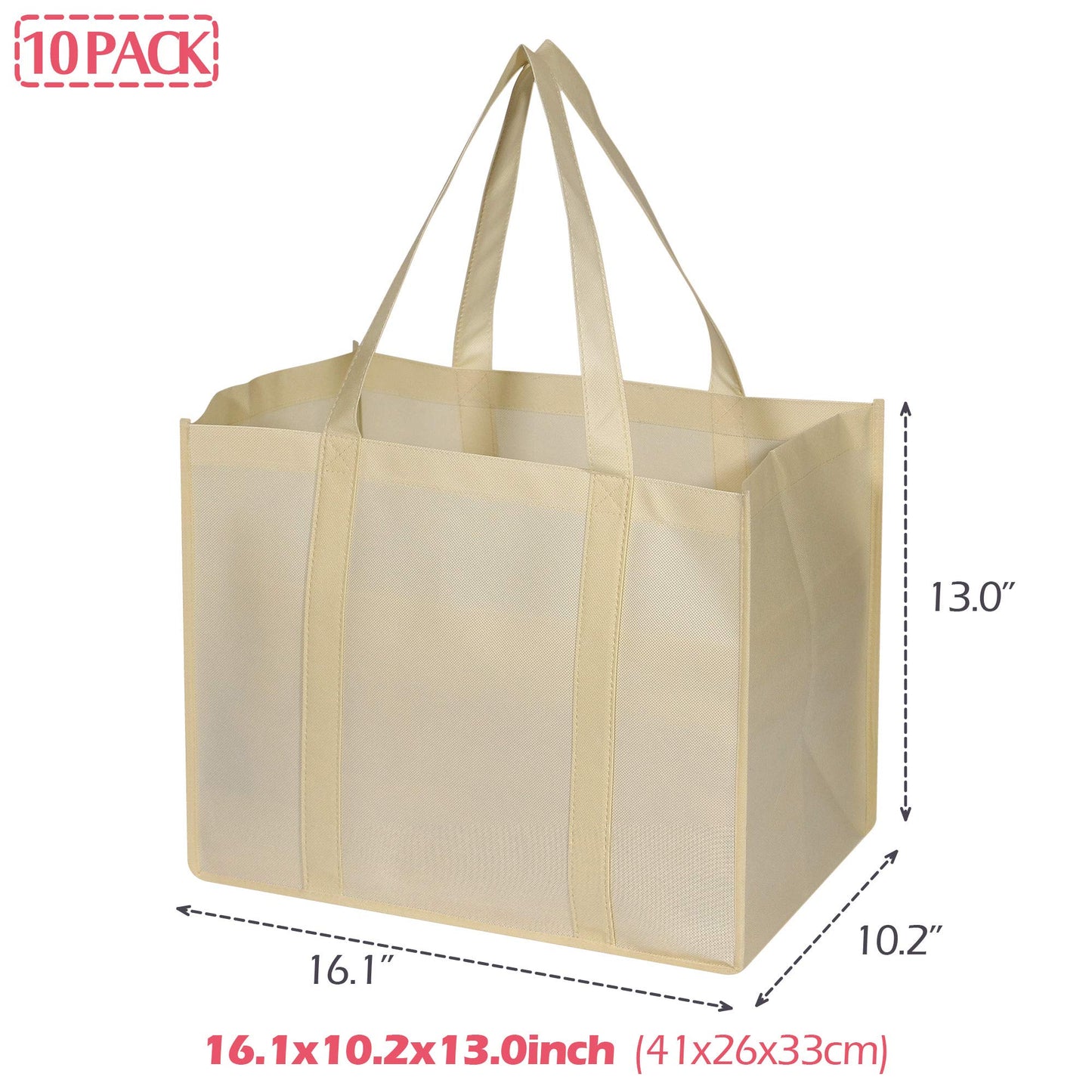 DIOMMELL 10 Pack Reusable Grocery Bags Extra Large Super Strong Heavy Duty Shopping Tote Bags with Reinforced Handles, Beige