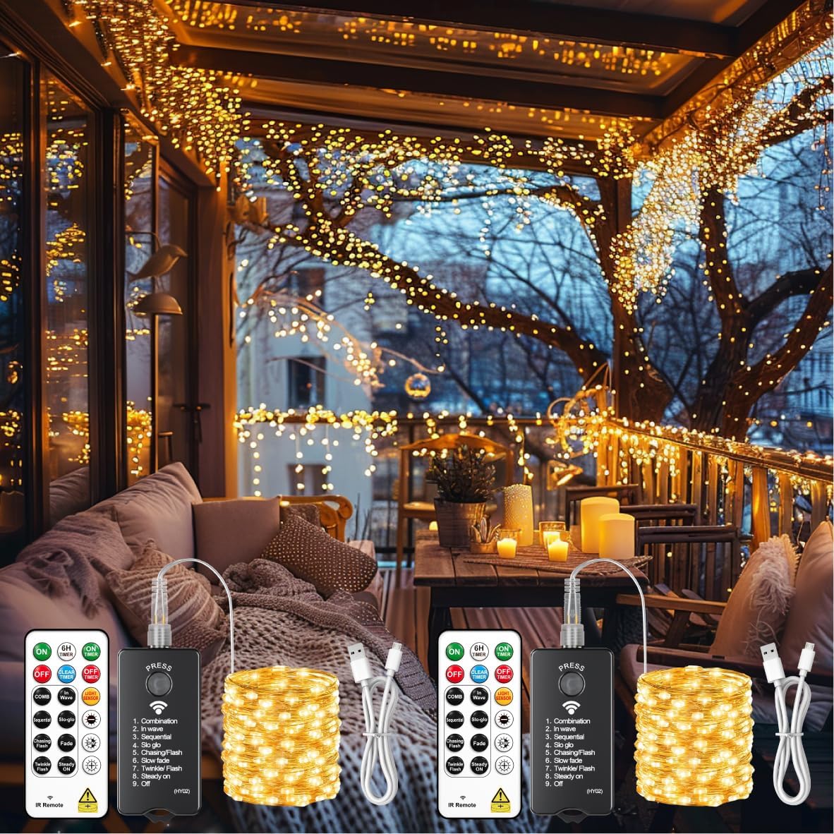 Skiennix 120L Twinkle Lights - 100 LED Rechargeable Outdoor Fairy Lights with Remote & Timer Bundle