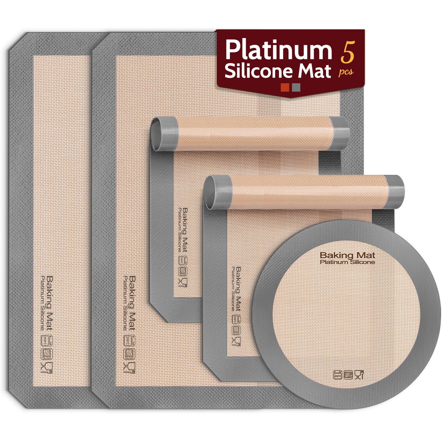 Silicone Baking Mat - Sopito Platinum Silicone - Non-Stick, Food Safe, Reusable Baking Sheet Liner, 5Pcs Set for Half Sheet Size Tray & Quarter Size Tray and 9'' Pizza pan, Grey