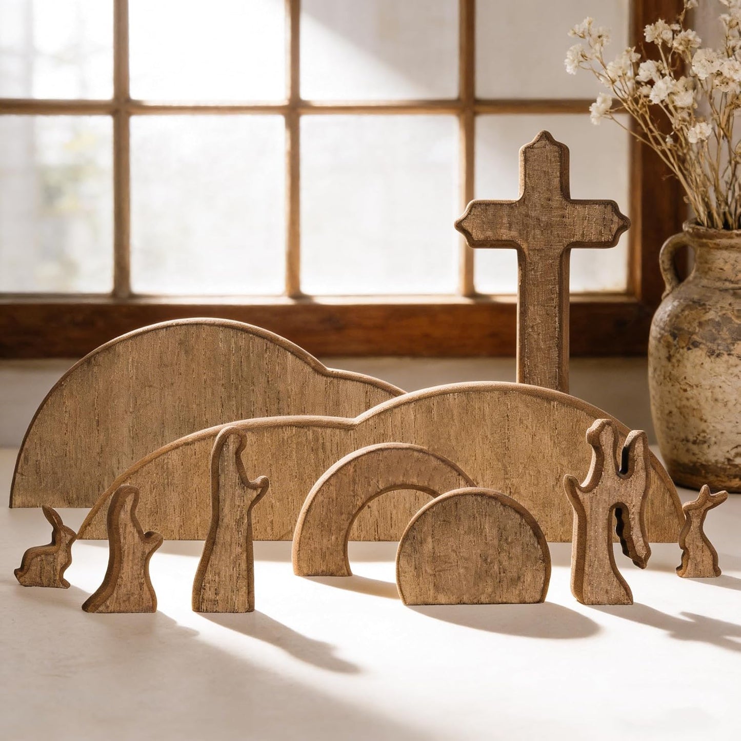 TW SHINE Easter Scene Decoration - Wooden Empty Tomb & Cross Tray Set for Home & Office