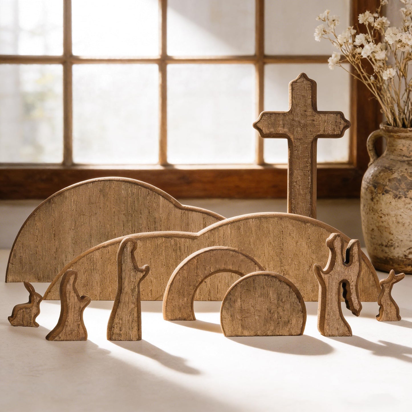 TW SHINE Empty Tomb Easter Scene and Cross Decoration, Wooden Christian Resurrection Scene Tray Set, Jesus Tomb Easter Decoration for Home Office Tabletop Religious Christian Gifts