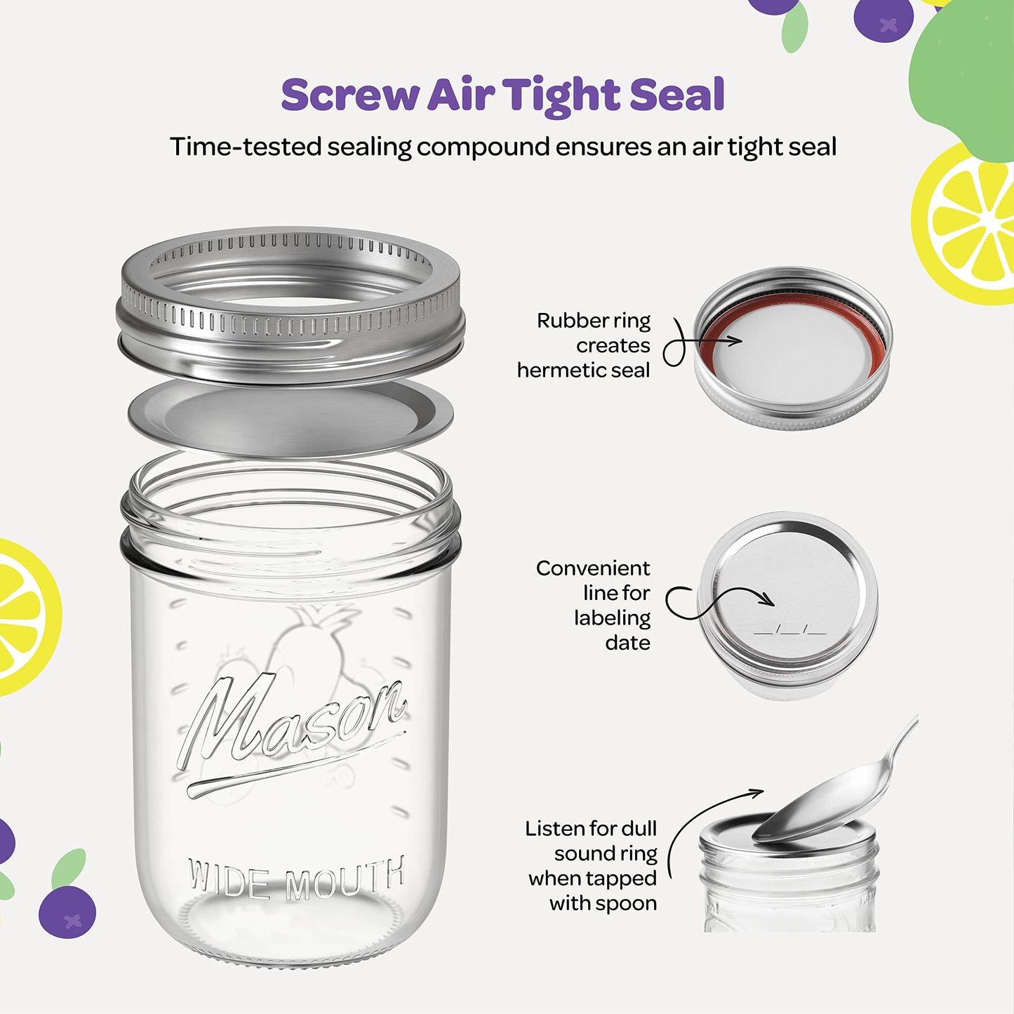 SEWANTA Wide Mouth Mason Jars 16 oz [5 Pack] With Mason Jar Lids and Bands, Mason Jars 16 oz - For Canning, Fermenting, Pickling - Jar Décor - Microwave/Dishwasher Safe.