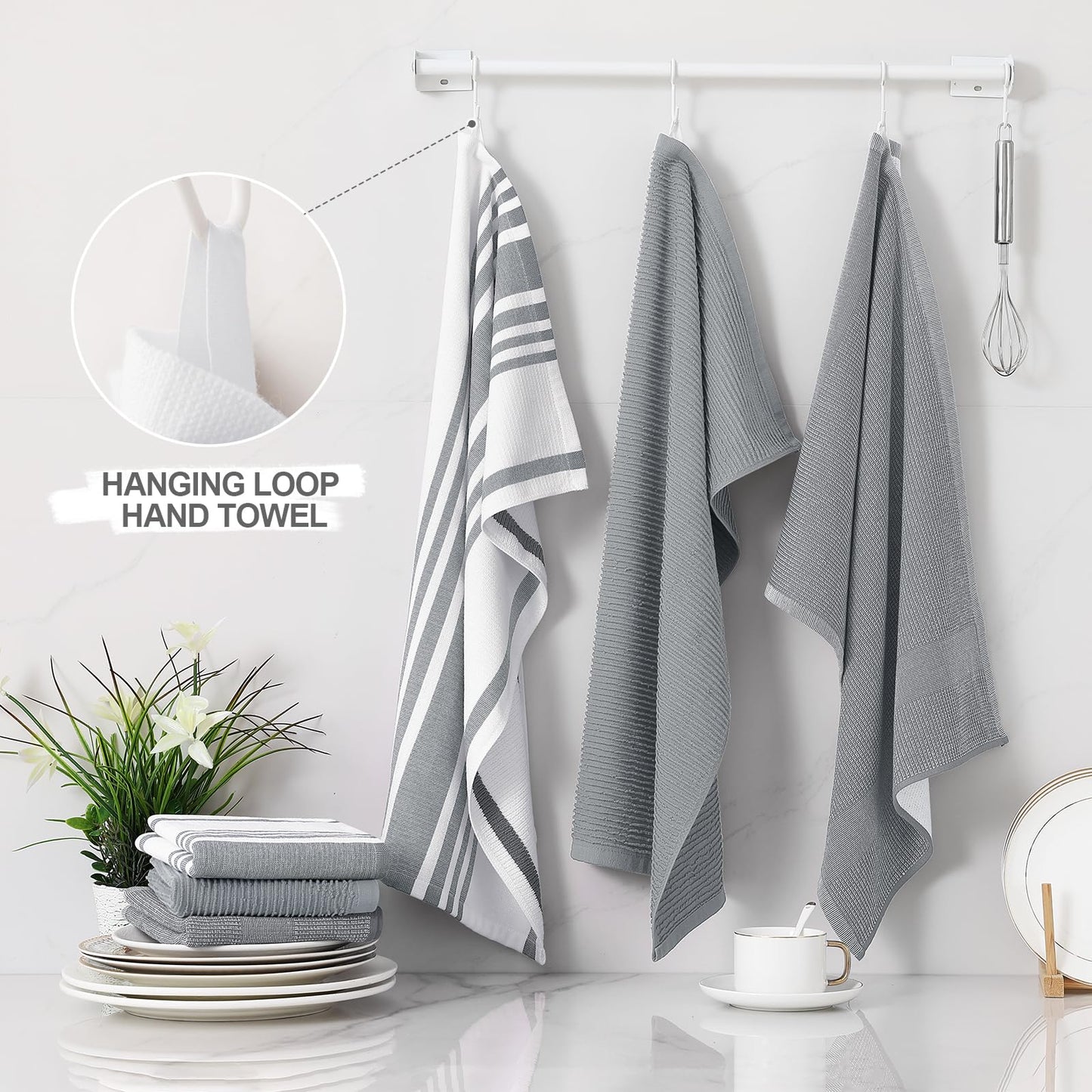 Homaxy Premium Kitchen Towels(18”x 28”, 6 Pack), Large Cotton 380 GSM Kitchen Hand Towels, Soft and Absorbent Terry Dish Towels, Multipurpose Tea Towel Set with Hanging Loop, Grey