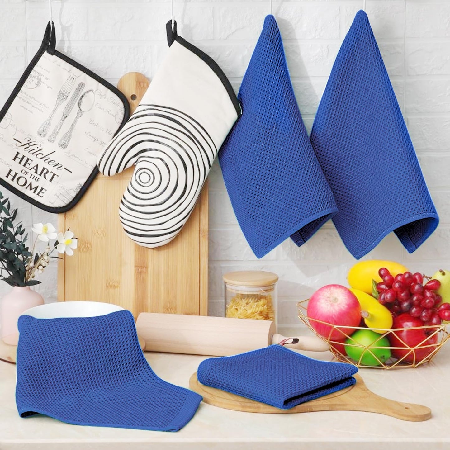Homaxy 100% Cotton Waffle Weave Kitchen Dish Towels, Ultra Soft Absorbent Quick Drying Cleaning Towel, 13 x 28 Inches, 8-Pack, Blueberry