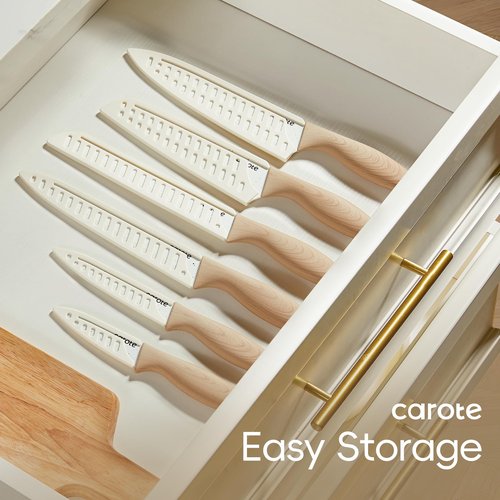 CAROTE 12PCS Knife set with Blade Guards,Granite Nonstick Ceramic Coating,Stainless Steel blade, Anti-Slip Handle, Essential Knives, Rustproof, White