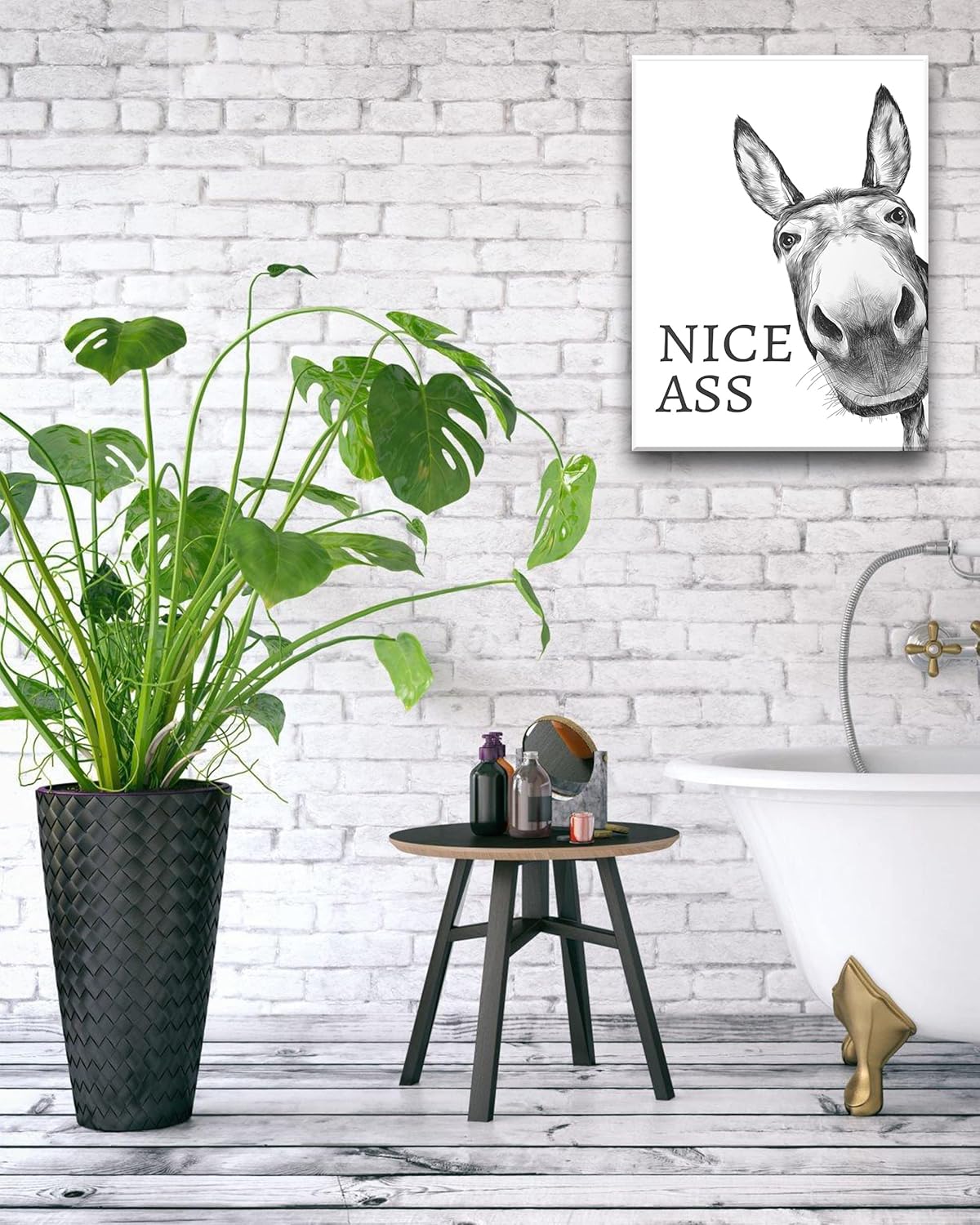 UPWOIGH Funny Bathroom Wall Art - Black and White Donkey Canvas Print | Waterproof Framed Decor, 12x16in