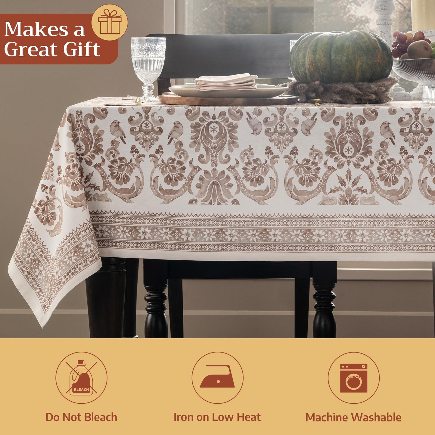 Maison d' Hermine Table Cloth Square Table 100% Cotton 60 x 60 Inches Fall Tablecloth Reusable Everyday Use for Thanksgiving Christmas Decorations Dining Farmhouse Party (Allure)