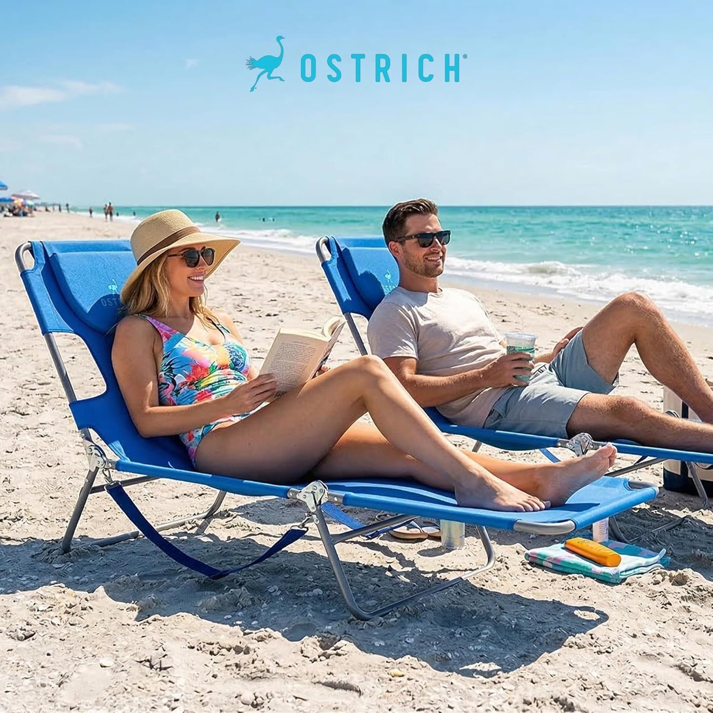 Ostrich Original Chaise Lounge - 72 x 22 Inch Portable Reclining Chair for Beach, Patio & Pool - Ocean Blue
