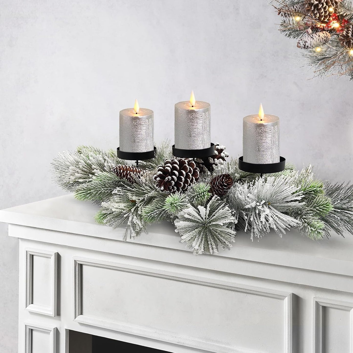 Skiennix Christmas Table Centerpiece - 27.5 Inch Flocked Pine Needles & Frosted Pine Cones | Snowy Decor