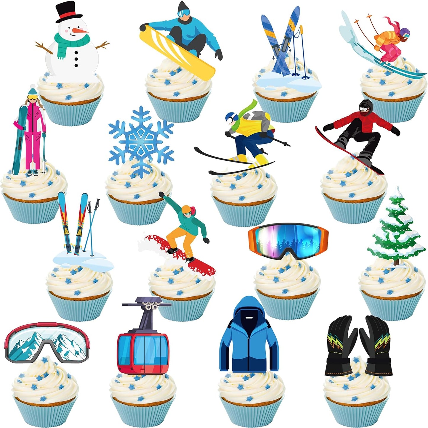 Skiennix Skiing Party Cupcake Toppers - 48 Pcs Winter Decorations for Birthday & Baby Showers