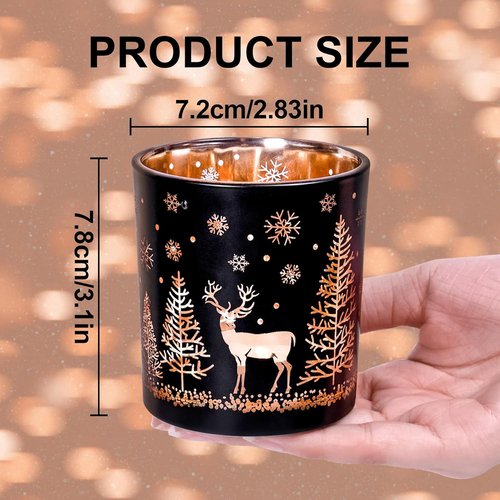 Black And Gold Glass Tealight Candle Holders Set Of 3 | Christmas Elk, Tree, Snowflake Design
