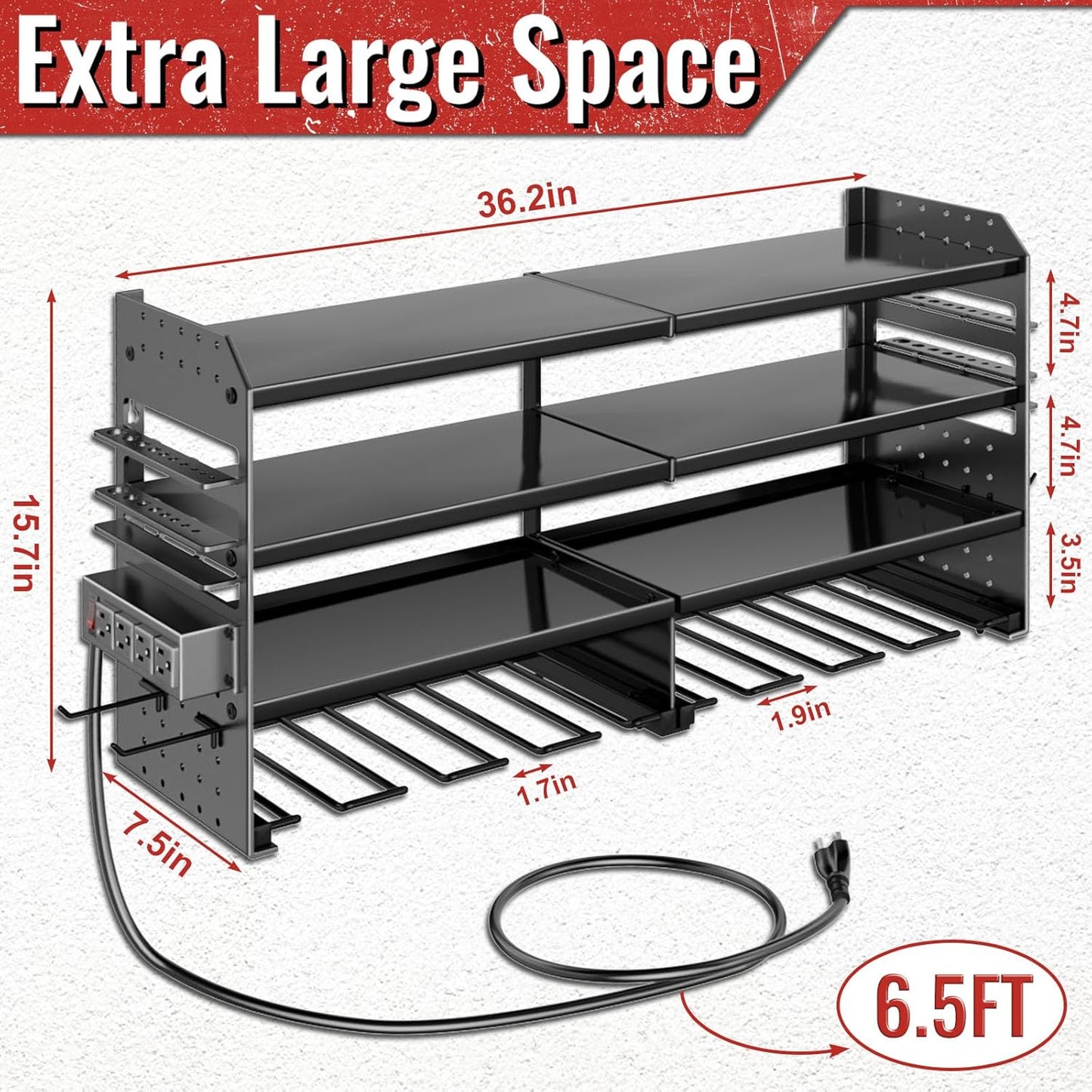 Large Power Tool Organizer by [Brand Name] - Heavy Duty Wall Mount with Charging Station & 8 Drill Holders | Black