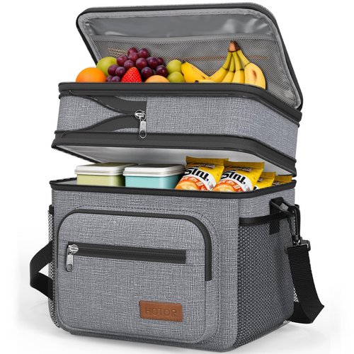 HOTOR Lunch Box for Men & Women - Double-Layer Insulated Lunch Bag with Leakproof Liner, Portable Cooler for Work, Travel, or Picnic, Grey, 12L, 11.1" x 9.7" x 6.7"