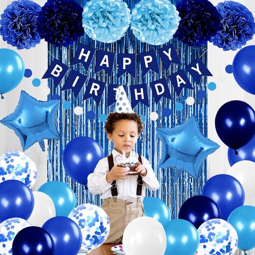Blue Birthday Party Decorations - Skiennix Happy Birthday Banner, Balloons & Pom Poms | Navy & Light Blue