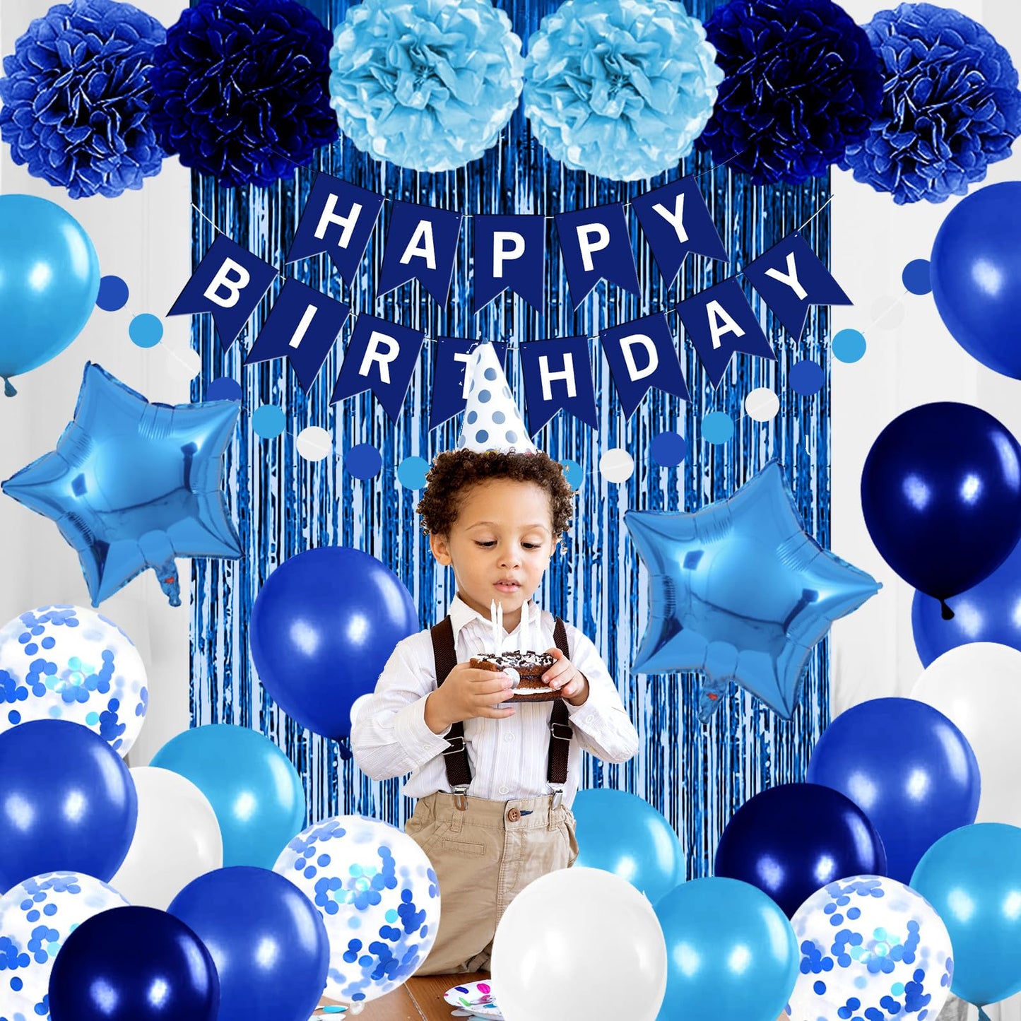 Iysoll Blue Birthday Party Decorations for Boys Men Happy Birthday Banner Balloons Navy Royal Light Blue Pom Poms Foil Curtain Décor Party Decorations for Baby Boy