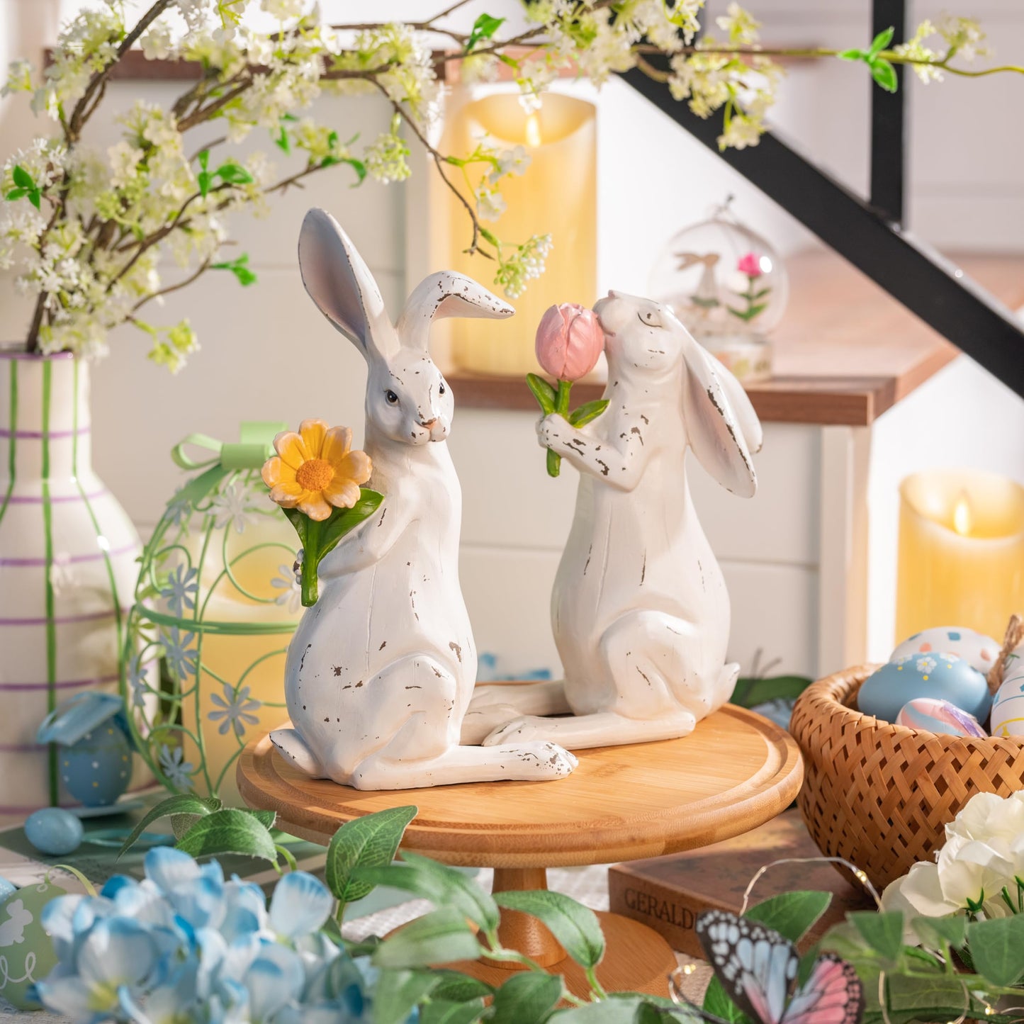 Valery Madelyn Easter Bunny Decorations for Home, Medium White Couple Rabbits Figurine Tabletop Decor, 2Pcs Cute Easter Gifts Resin Statues for Spring Holiday Indoor Party Table Centerpieces, 6"