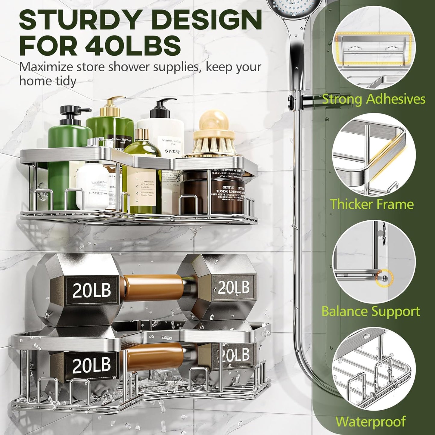 MAXIFFE X-Large Corner Shower Caddy - Sturdy Stainless Steel Organizer with Soap Holder | Easy Install, Silver