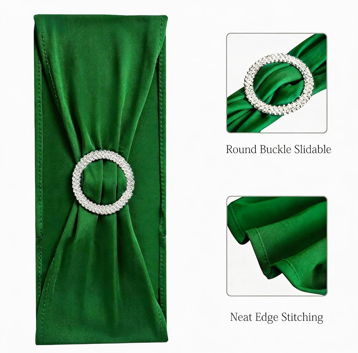 Skiennix 50 Pack Dark Green Spandex Chair Sashes - Adjustable Slider Buckles for Weddings & Events