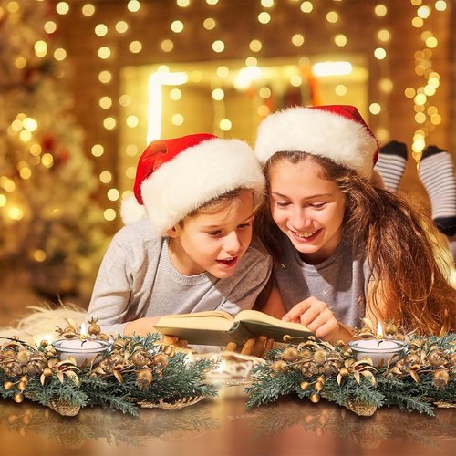 Cindeer Christmas Candle Rings - 6 Pcs Gold Wreaths with Artificial Berries | 8.4 Inch Centerpiece Decor