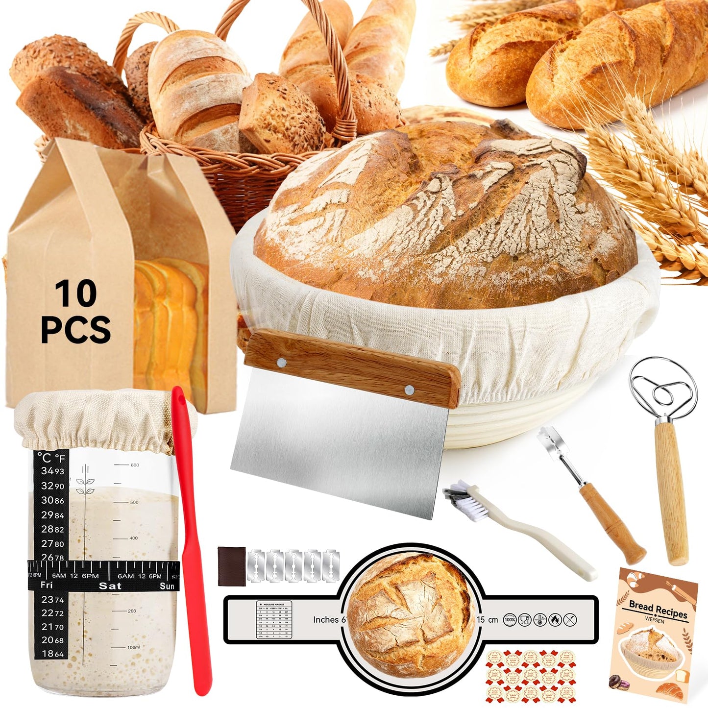 Sourdough Starter Kit,19PCS Banneton Bread Proofing Basket with Glass Sourdough Starter Jar, Sourdough Bread Baking Supplies, 9'' Round Bread Proofing Basket, for Bread Making Baking Fermentation