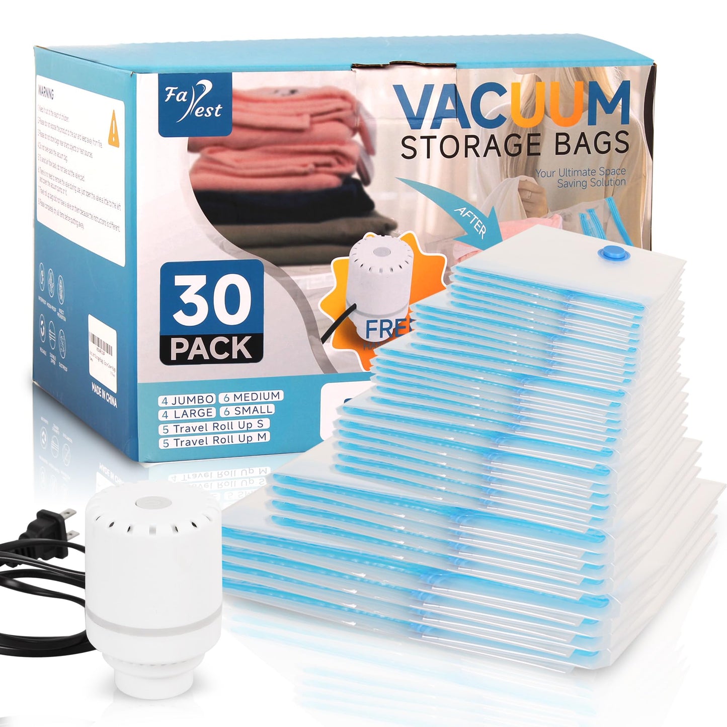 Vacuum Storage Bags with Electric Air Pump, 30 Pack Compression Bag, Space Saving Vacuum Sealer Bags for Clothes, Blanket, Duvets, Pillows, Comforters Travel, Two Compressing Ways