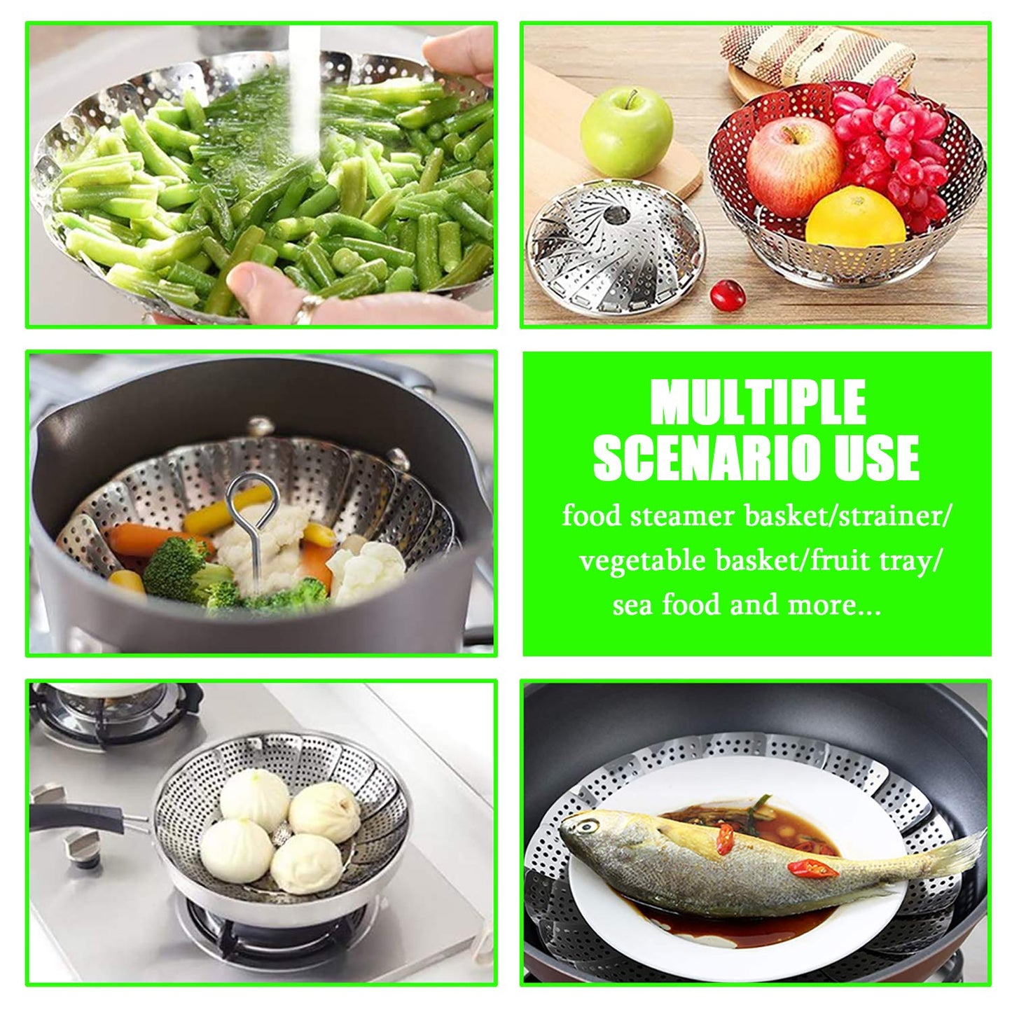 Steamer Basket Stainless Steel Vegetable Basket Metal Handle Folding Silicone Feet Steamer Insert for Cooking Veggies Fish Seafood Include Safety Tool,Fit Various Pot Pressure Cooker (5.1" to 9.5")