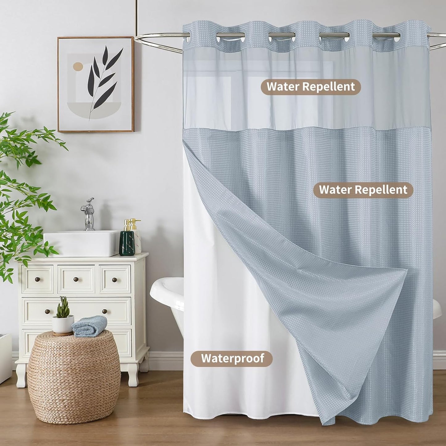 Skiennix Colorful Star Shower Curtain - Heavy Duty Waterproof Fabric with Snap-In Liner | 72 x 75 Inch, Fog Blue