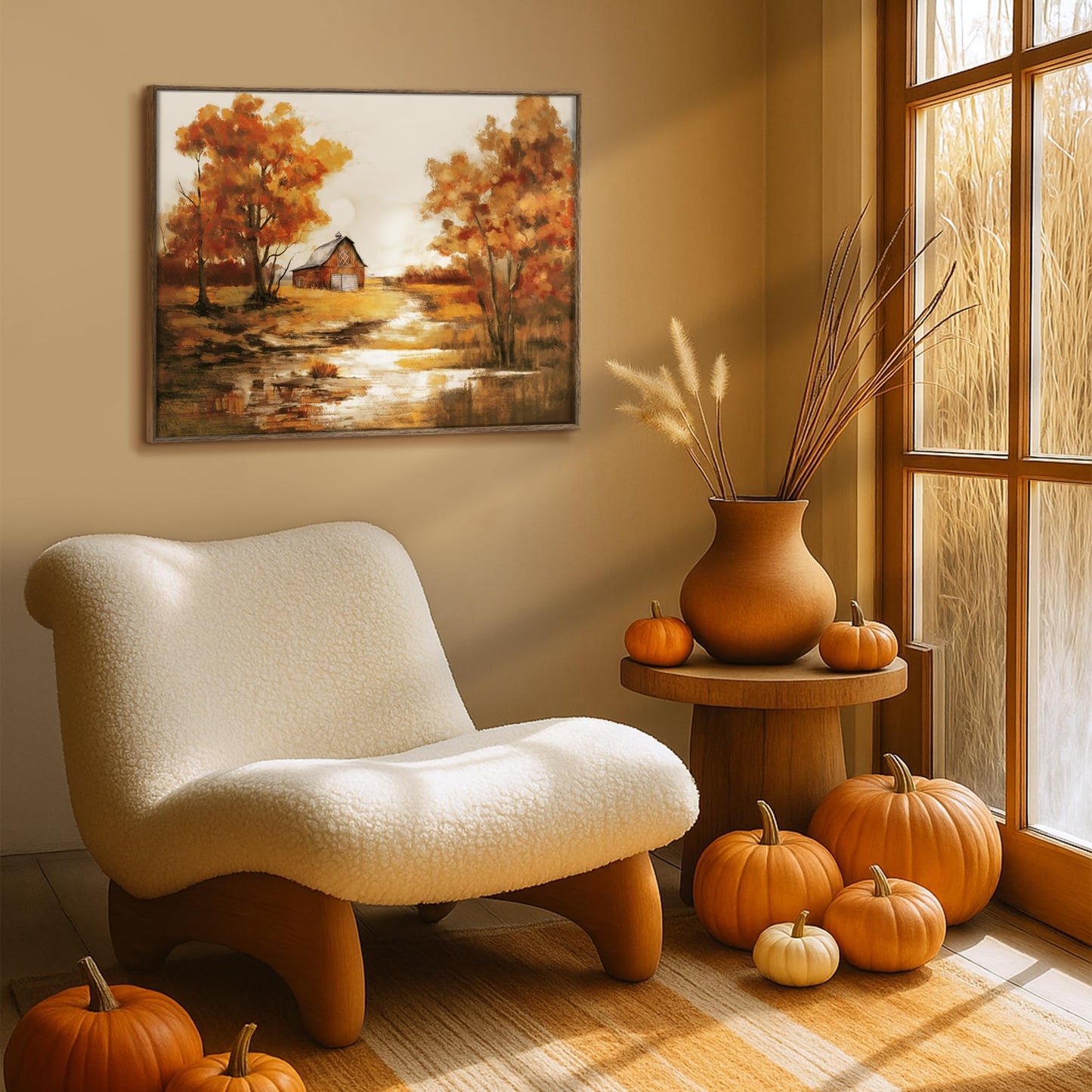 ArtbyHannah Framed Thanksgiving Canvas Wall Decor, Fall Oil Paints Wall Art with Landscape Pictures Autumn Harvest Home Decorations for Living Room Kitchen Mantel Office (20x28 Inch)
