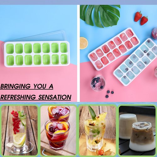 Food grade silicone,Ice Cube Tray with Lid and Bin, Ice Cube Pop Out Tray, Ice Cube Trays for Freezer，14 cube ice trays with lids and storage boxes(5 GREEN)