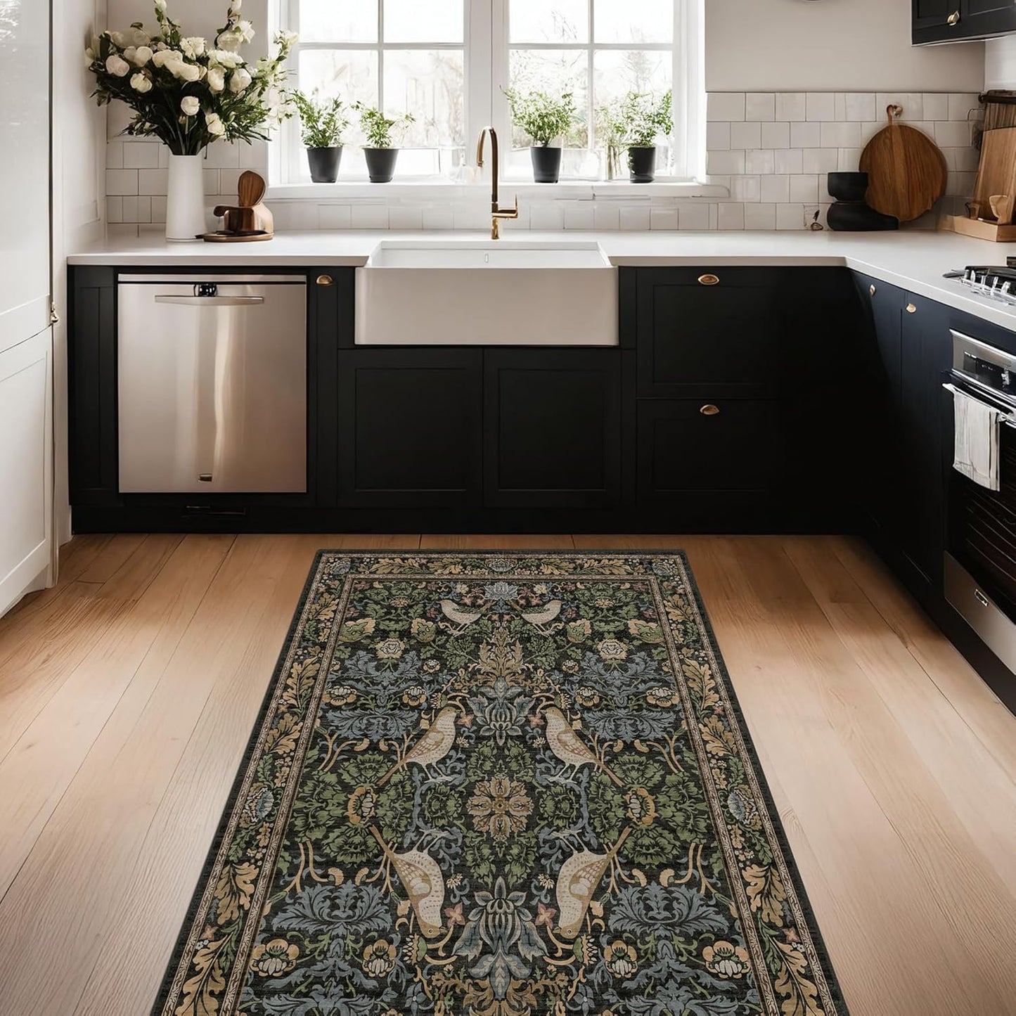Skiennix Large Entryway Rugs - 3x5 Washable Indoor Mat with Moody Woodland Flowers | Non-Slip, Stain Resistant