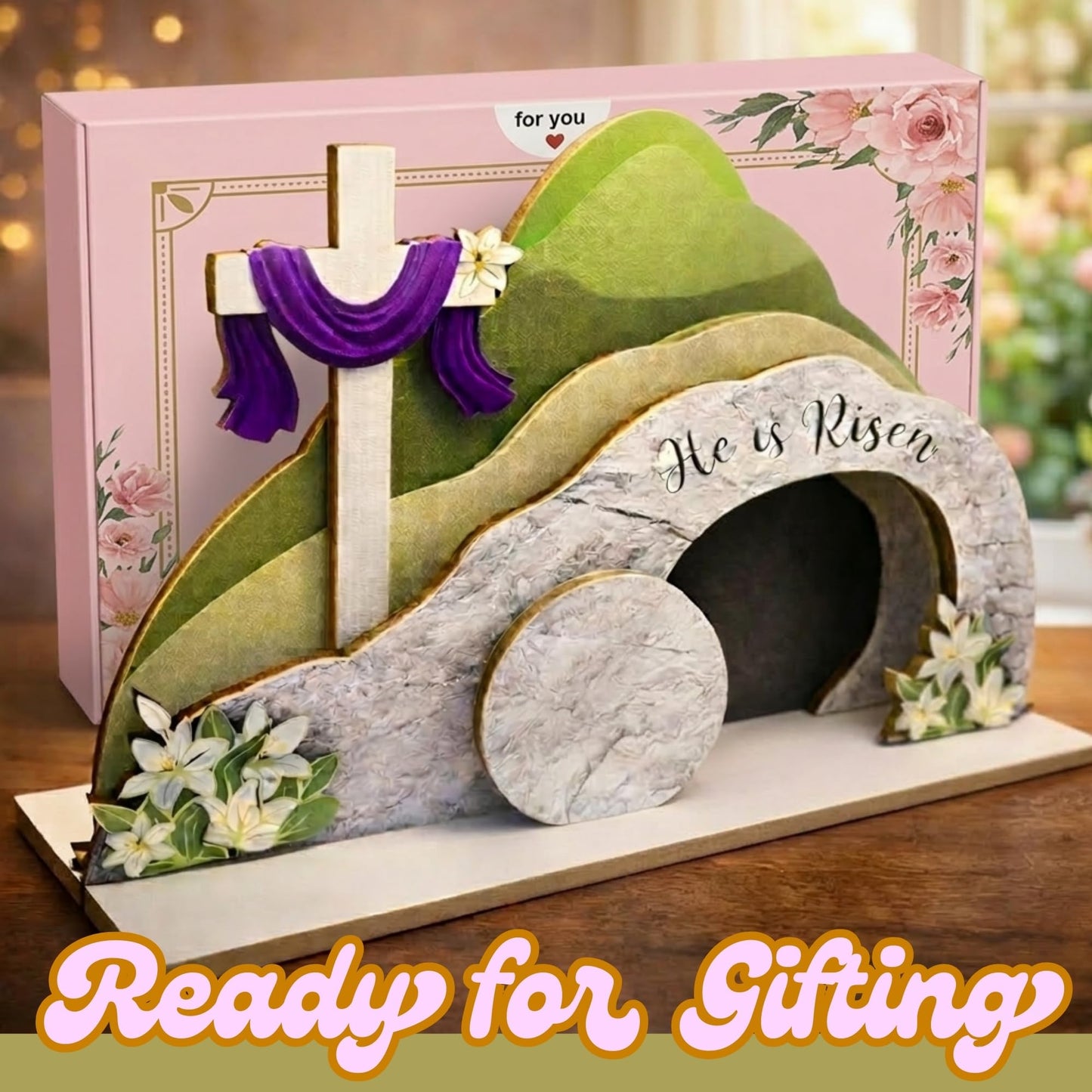 Lemonus He is Risen Easter Nativity Set - Empty Tomb Decor with Stone Texture & Scripture Verse | Christian Easter Tabletop Display for Home, Church Altar | Religious Resurrection Decorations