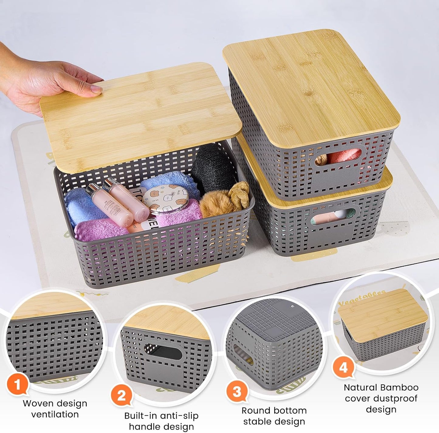 Plastic Storage Baskets With Bamboo Lid - Stackable Organizing Bins for Home & Office | 6 Pack, Gray