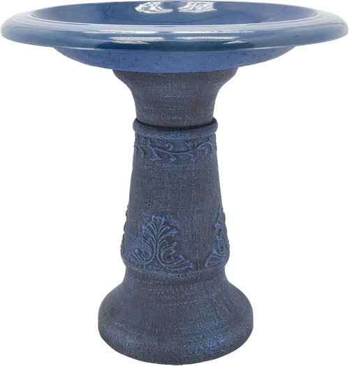 Arcadia Garden Products Fiberclay Bird Bath - Antique Vintage Design, Weather Resistant, 20-Inch Tall, Blue