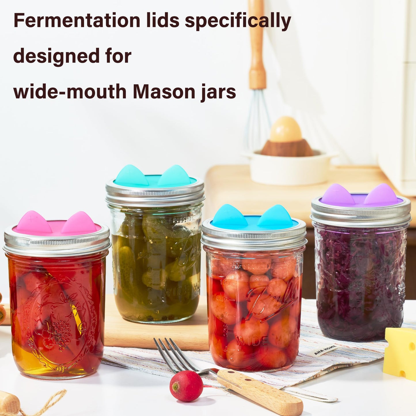 Wingcases Fermentation Lids Silicone Waterless Airlock, Suitable for Wide Mouth Mason Jars - For Making Pickled and Fermented Probiotic Foods, 4 Pack, Translucent Colors