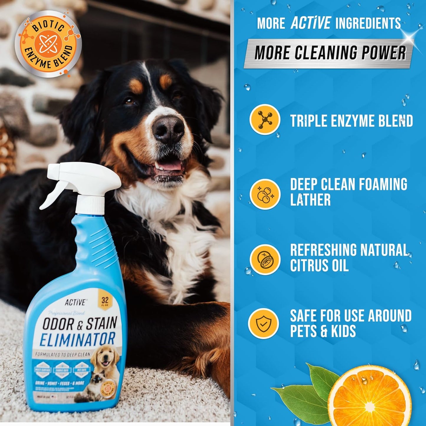 Pet Odor and Stain Eliminator by ACTIVE - 32 oz Enzyme Cleaner for Dog & Cat Urine, Natural Citrus Deodorizer