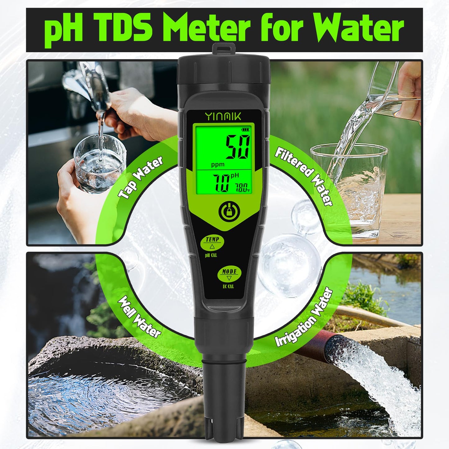 Pool Salt Tester, Digital 5 in 1 pH TDS EC Salinity Meter with Calibration Solution Kit, Simultaneous Display ppm pH for Saltwater Pool, Aquarium, Hot Tub, Spa, Hydroponics, Home Brew&Pickling