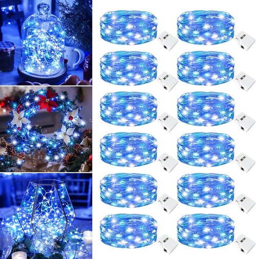 Fairy Lights 12 Pack - 7ft Battery Operated 20 LED Twinkle Lights | Waterproof Mini String Lights for DIY Party & Wedding Decor - Blue and White