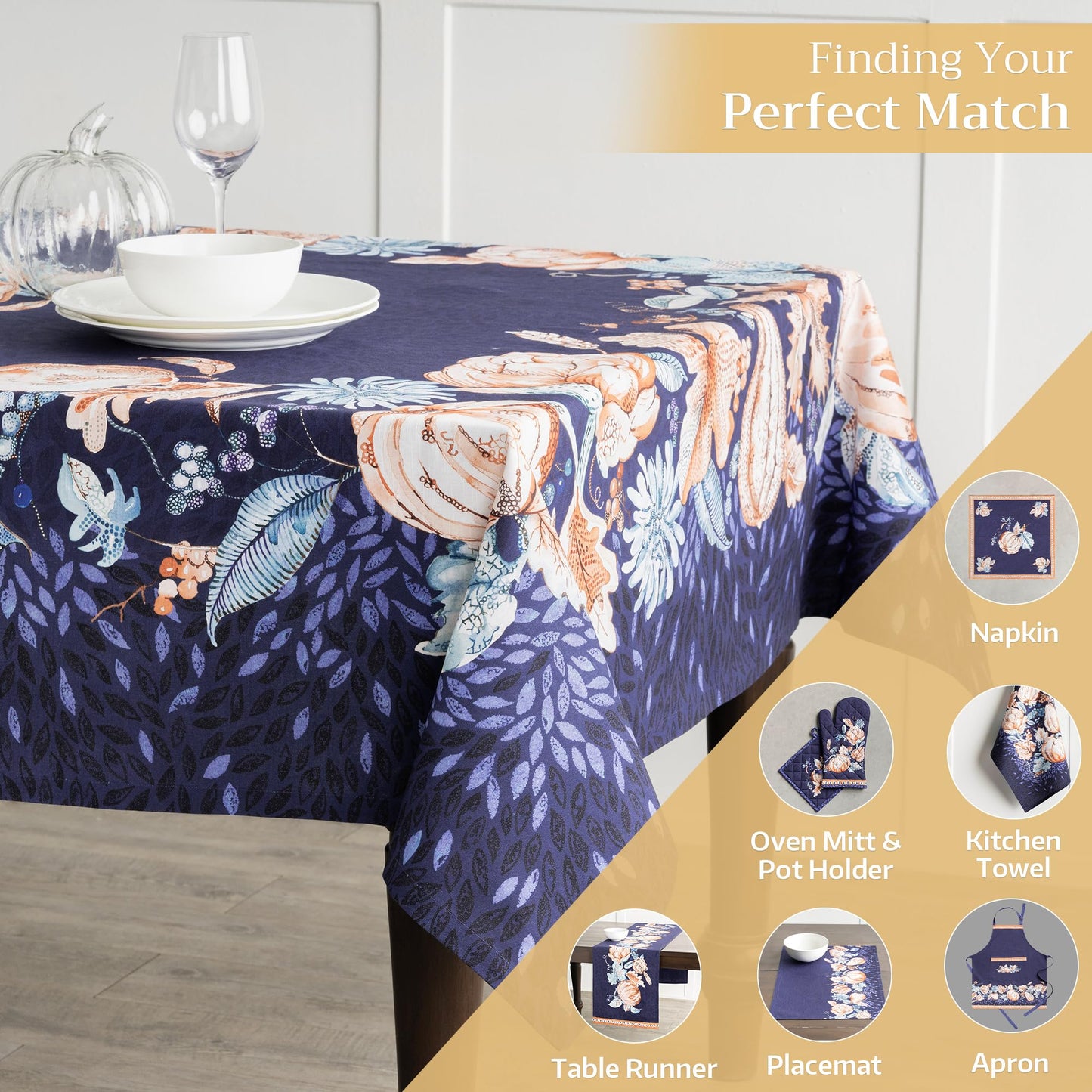 Maison d' Hermine Table Cloth Square Table 100% Cotton 60 x 60 Inches Fall Tablecloth Reusable Everyday Use for Thanksgiving Christmas Decorations Dining Farmhouse Party (Pumpkin Blues)