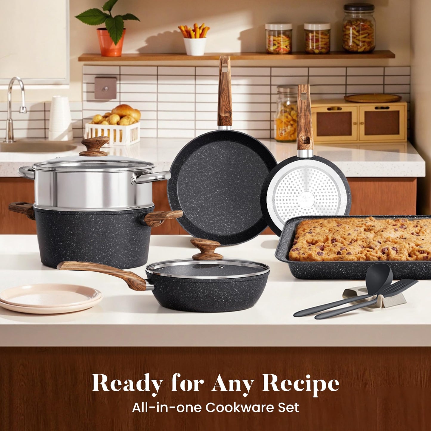 Kitchen Academy 17Pcs Induction Cookware Sets, Granite Pots and Pans Set Non Stick, Black Kitchen Cooking Pans, PFOA & PFOS Free