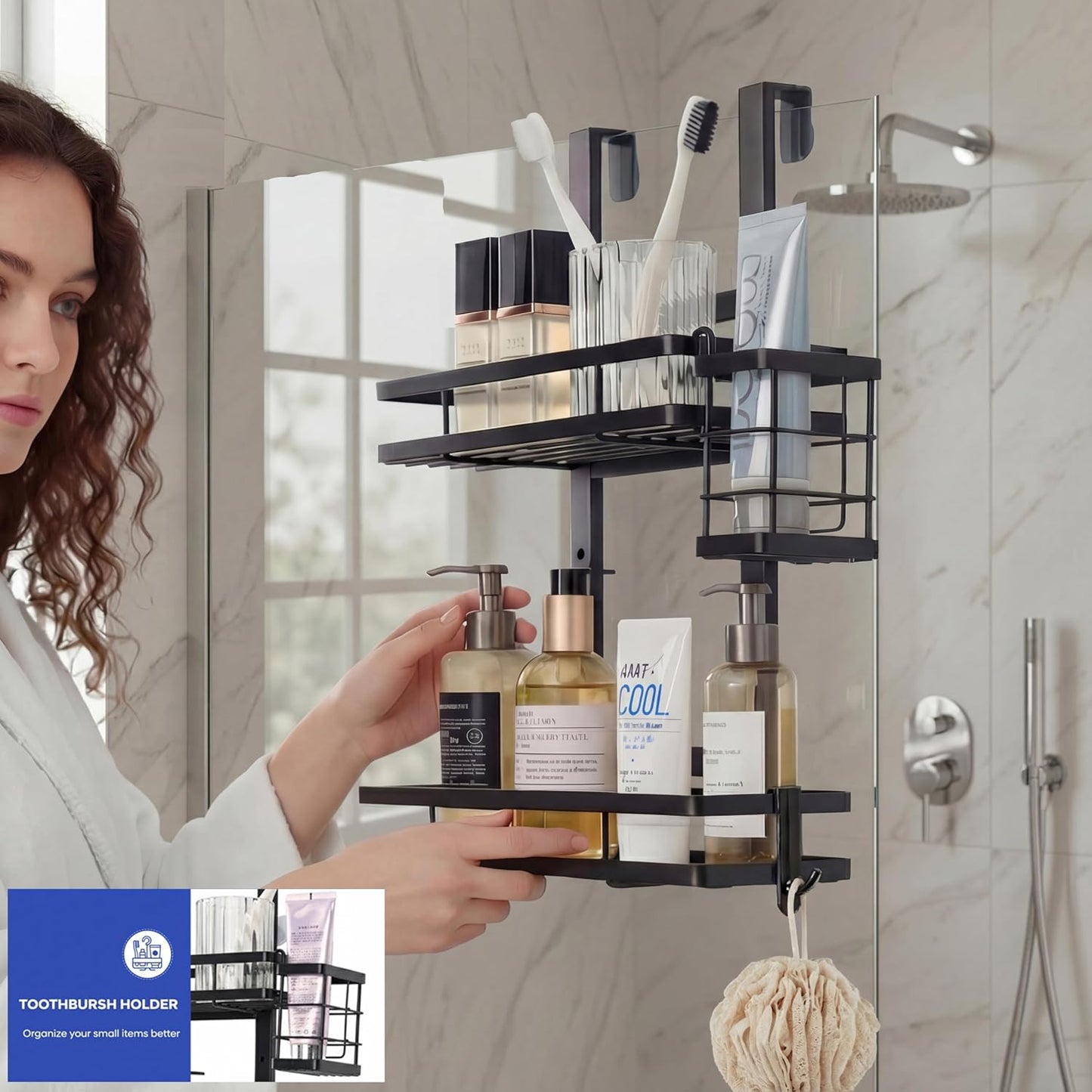 Skiennix Over The Door Shower Caddy - Rustproof 2-Tier Organizer with Waterproof Phone Pouch | Black