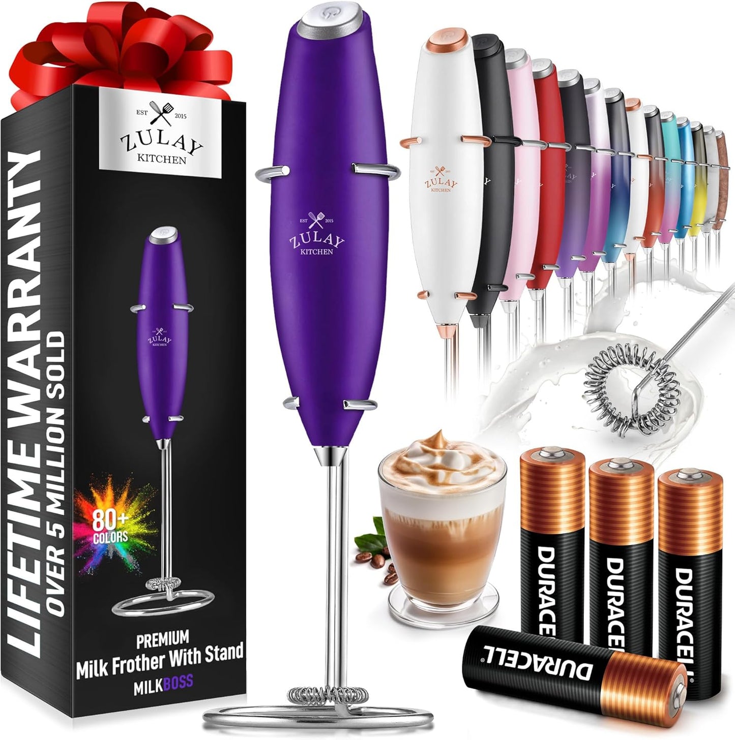 Zulay Kitchen Milk Frother Wand - Ultra Fast Handheld Drink Mixer with 4 AA Batteries | Perfect for Coffee, Lattes & Cappuccino - Grape Color