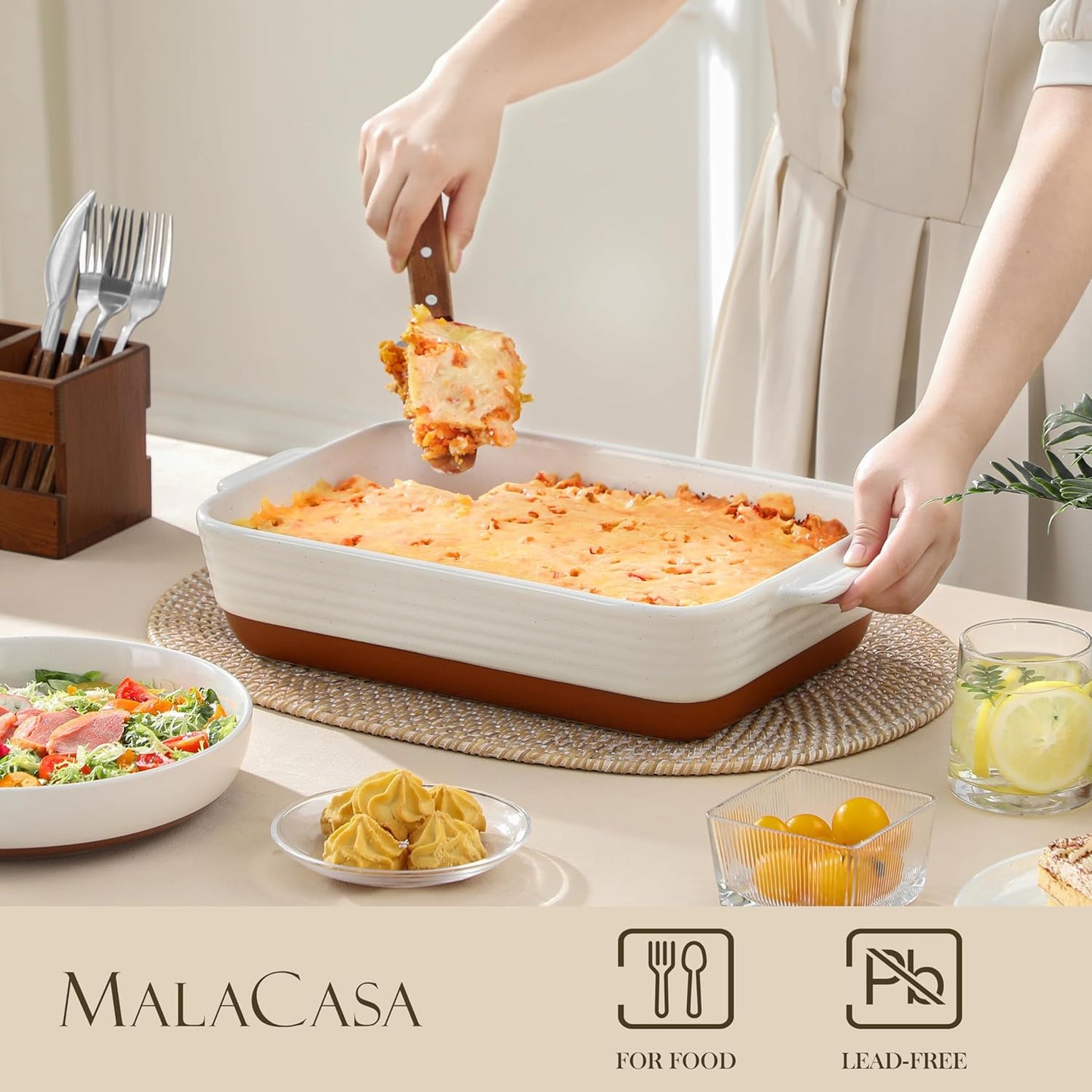 MALACASA 4.8 Qt Ceramic Baking Dish - Deep Roasting Pan with Stainless Steel Rack & Handles | Khaki & White