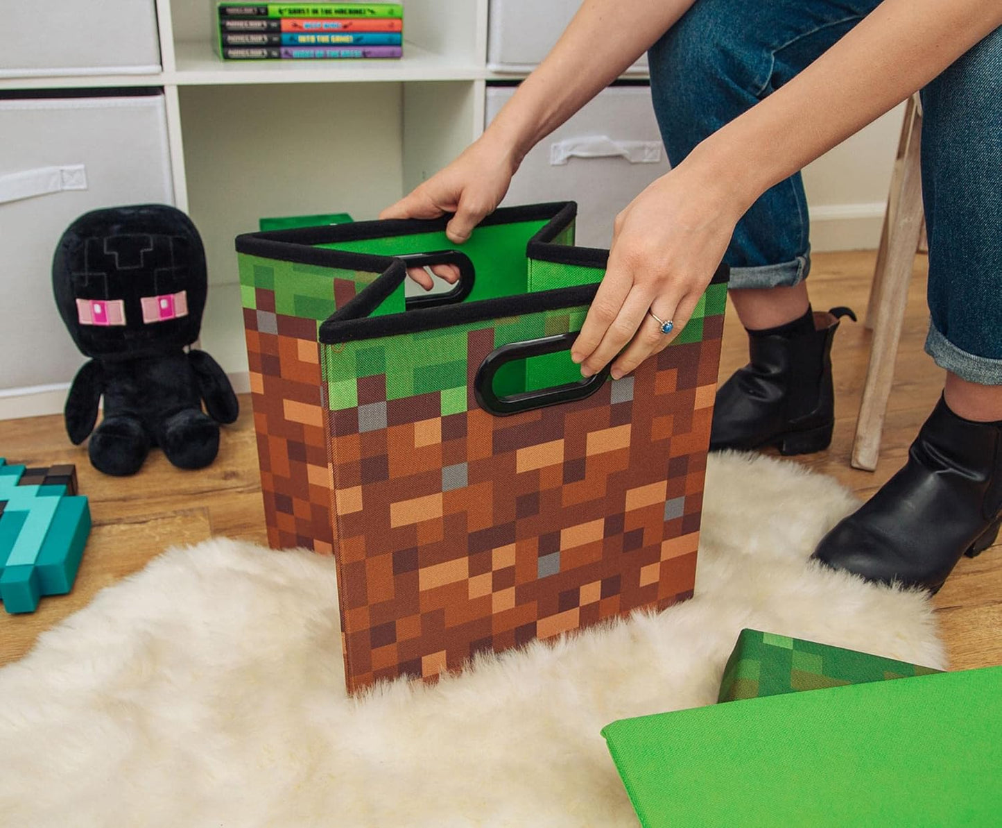 Minecraft Grassy Block Storage Bin - 13-Inch Foldable Fabric Basket with Lid | Cube Organizer for Shelves & Closet