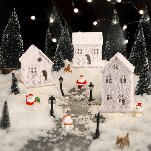 Gerrii Christmas Village House Set - 17 Pcs Winter Figurines with Snow & Santa | White Desktop Ornaments