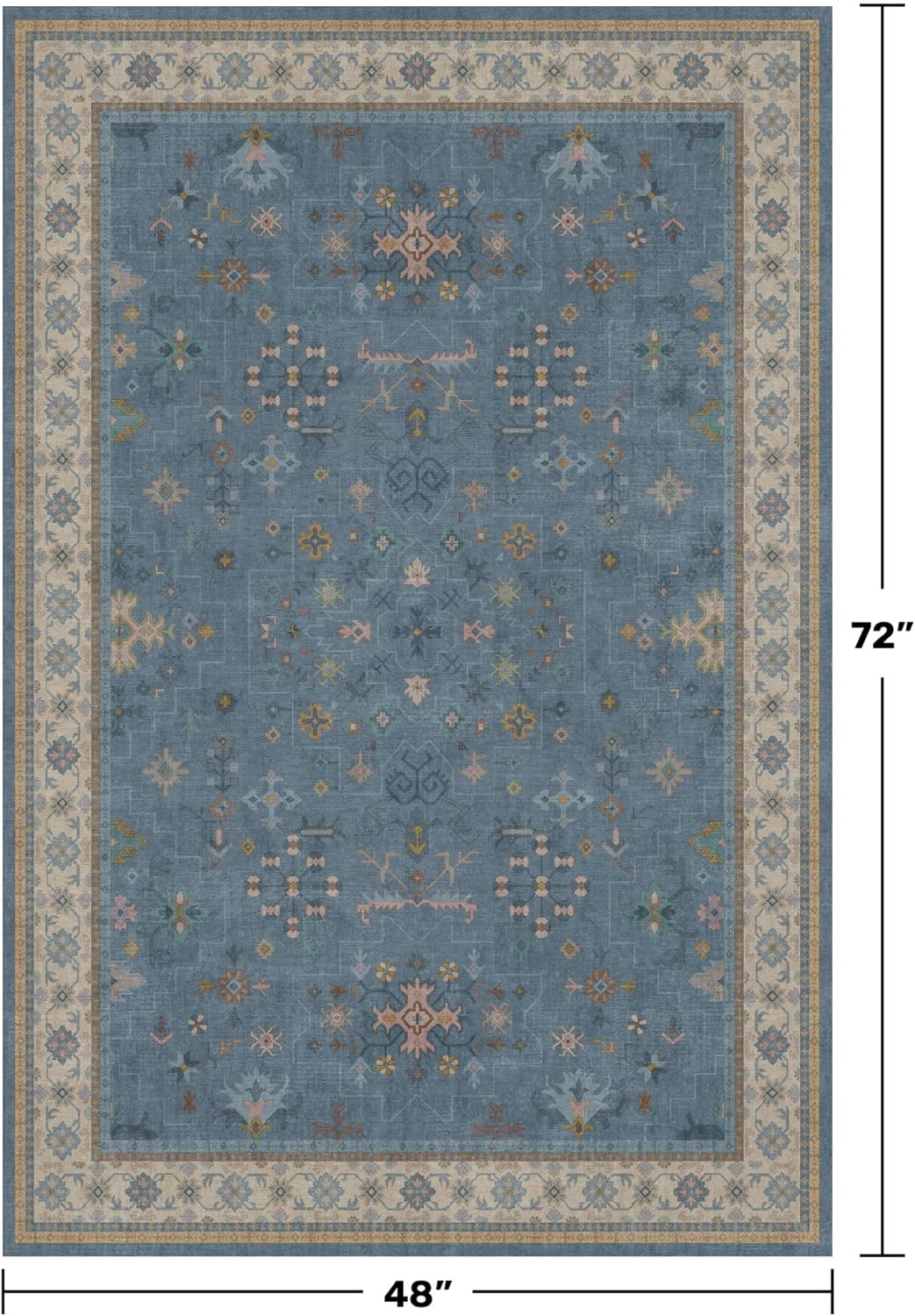 Skiennix Washable 4x6 Area Rug - Stain Resistant Non-Slip Rubber Backing | Unique Floral Design in Light Blue & Aqua