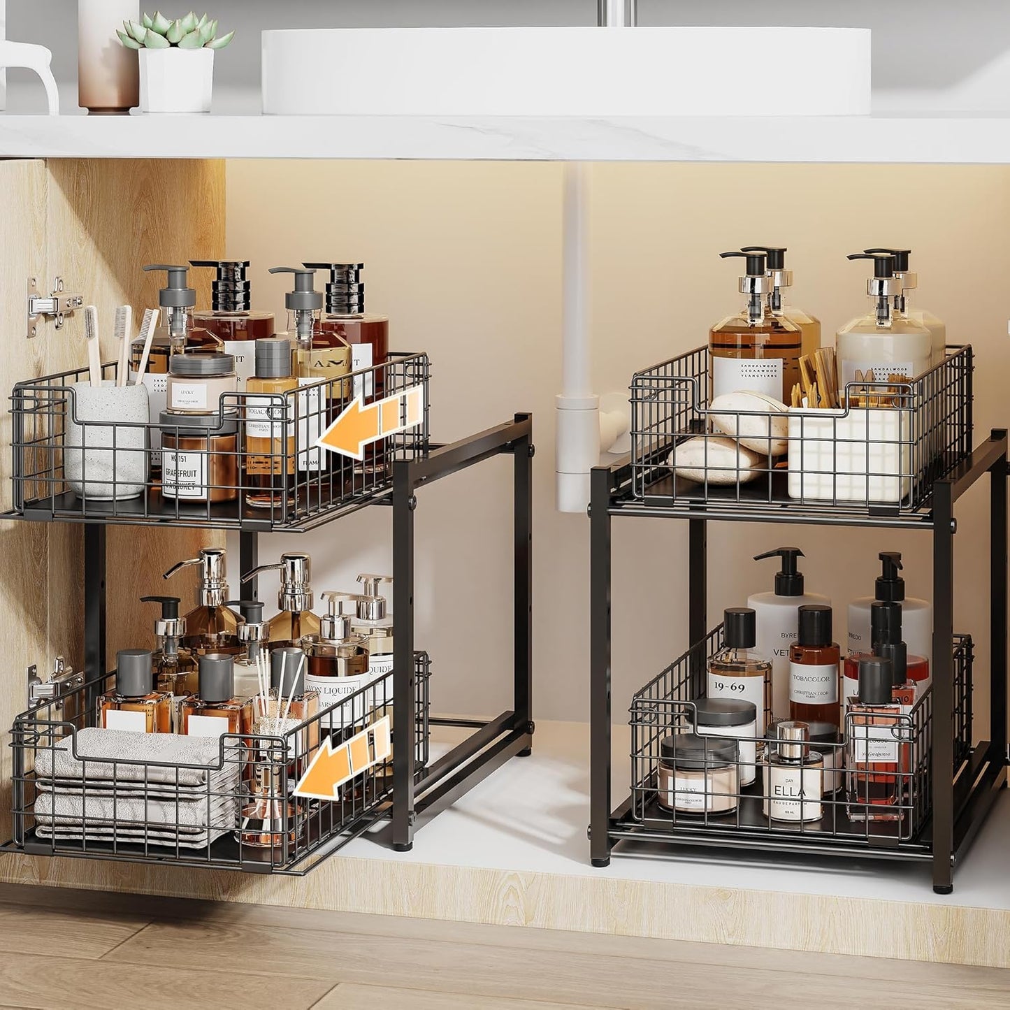 Under Sink Organizer by [Brand Name] - 2-Tier Adjustable Bathroom & Kitchen Storage | Sliding Drawers 13.8x11x15.8 Inch