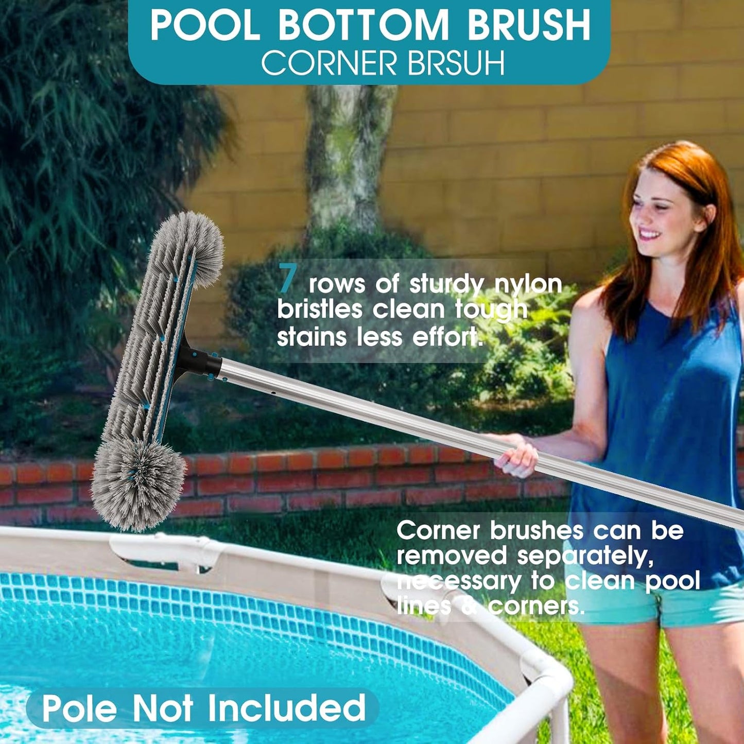 Skiennix 20'' Pool Brush Head - Detachable Cleaning Brush with Durable Nylon Bristles | EZ Clip Aluminum Handle for Quick Pool Maintenance