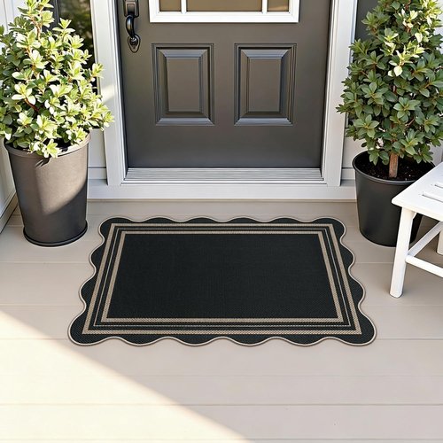 Easy Jute Black Kitchen Rug - Washable Non-Slip 2x3 Entryway Mat | Farmhouse Scalloped Doormat