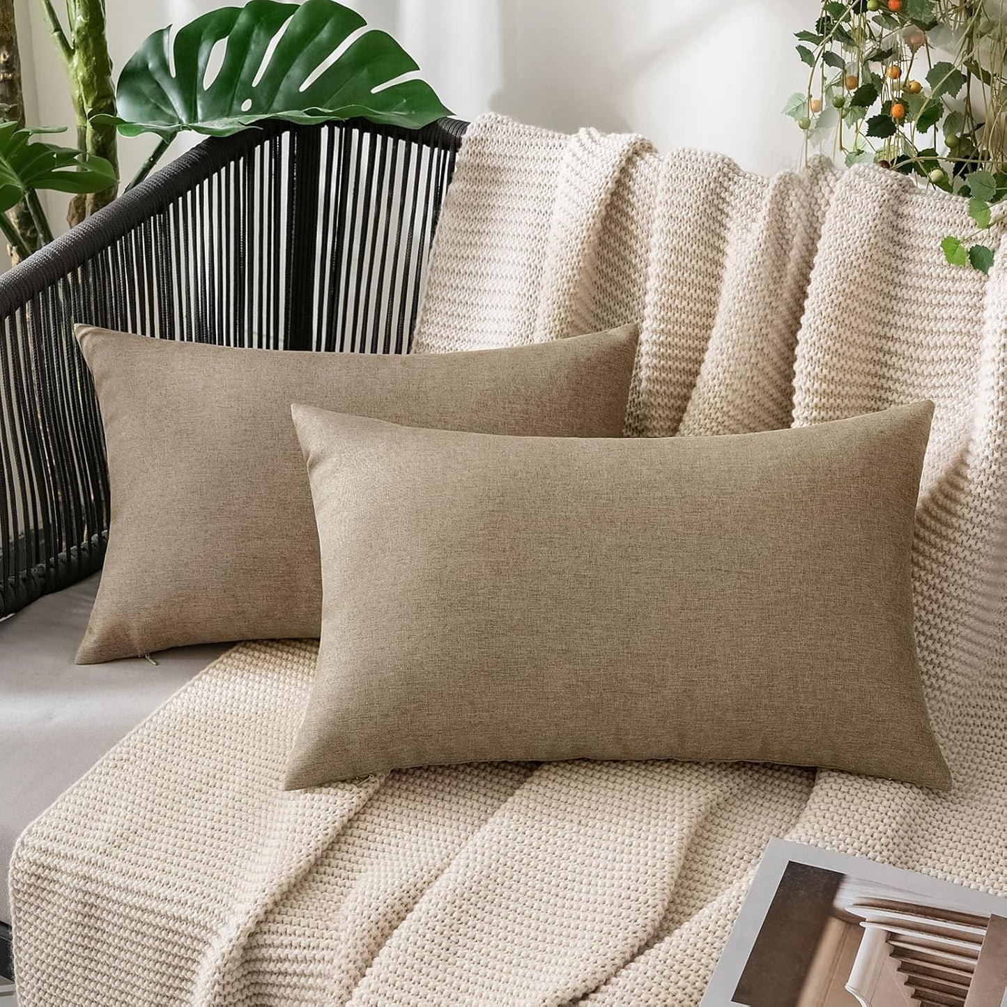 MIULEE Decorative Outdoor Throw Pillow Covers - Waterproof Faux Linen Cushion Cases | 20x12 Inch Taupe Grey (Pack of 2)