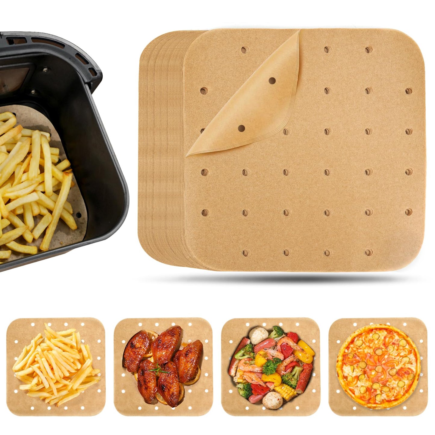 Vailnd Air Fryer Liners Disposable, 100pcs 8.5In Square Parchment Paper Sheets Unbleached, Perforated Food Steamer Liner for 5-8 Qt Air Fryers Baking Cooking Oven